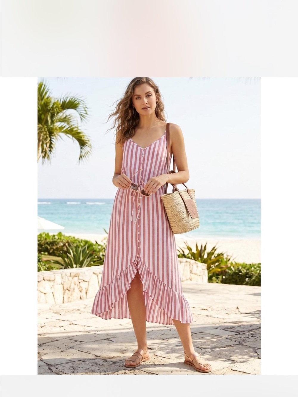 Rails Linen Frida Striped Pink & White Striped Ruffled High Low Midi Dress sz L